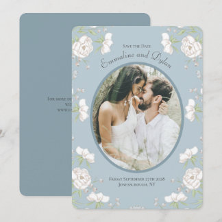 Staubblau Weiße Rose Hochzeitsfoto Save the Date Einladung
