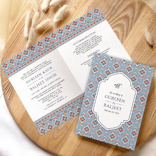 Staubblau weißes Ikat Sikh Hochzeitsanzug Einladung