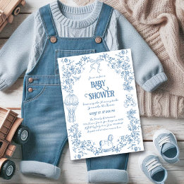 Staubblau Whimsical Blumen Baby Shower Einladung
