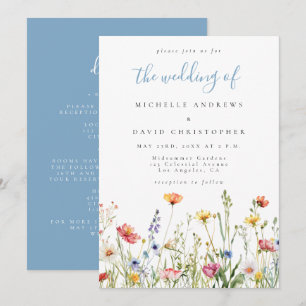Staubblau Whimsical Floral All-in-One-Hochzeit Einladung