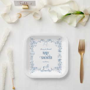 Staubblau Whimsical Florales Babyshower Pappteller