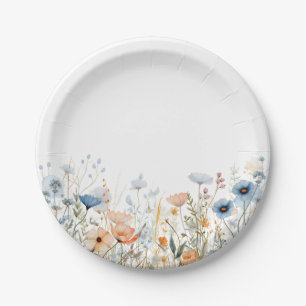 Staubblaue Aquarell-Wildblumen-Hochzeit Pappteller