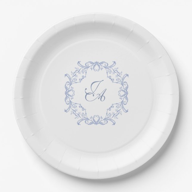 Staubblaue barocke Monogramm-Hochzeitspapierplatte Pappteller (Vorderseite)