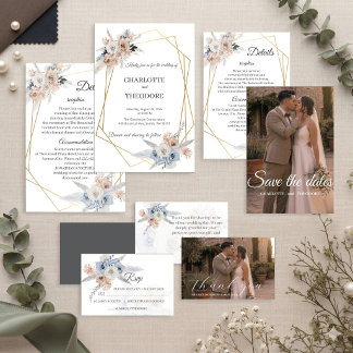 Staubblaue Beige Blumen Gold Geometrische Einladun Einladung
