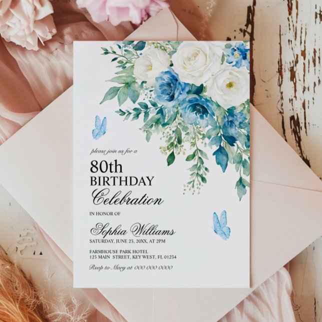 Staubblaue Blumen 80. Geburtstag Einladung (Von Creator hochgeladen)