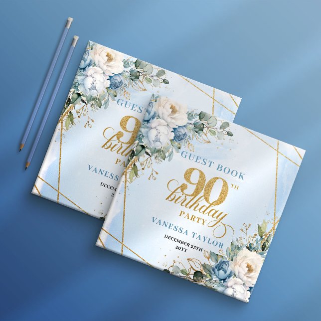 Staubblaue Blumen Elegantes Skript 90. Geburtstag  Gästebuch (Dusty Blue Flowers Elegant Script 90th Birthday Guest Book

)