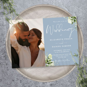 Staubblaue Blumen-Grün-Wedding-Foto-Hochzeit Einladung