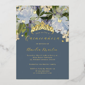 Staubblaue Blumen-Schmetterlinge-Quinceanera glänz Folieneinladung