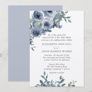 Staubblaue Blumen- und Graue formelle Hochzeitsein Einladung