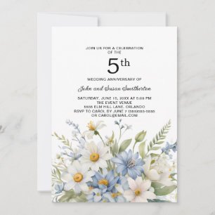 Staubblaue Blumen Weiße Gänseblümchen 5. Hochzeits Einladung