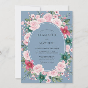 Staubblaue Blumenästhetik-Hochzeit Einladung