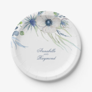 Staubblaue Blumengrün-Hochzeit Pappteller