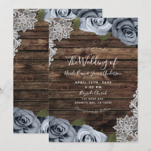 Staubblaue Blumenrosen Rustikale Holz- und Spitzen Einladung