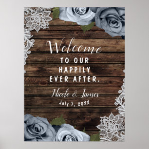 Staubblaue Blumenrosen Rustikale Holz- und Spitzen Poster