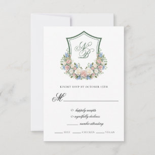 Staubblaue Blumenwappen-Hochzeitsantwortkarte RSVP Karte
