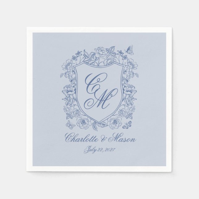 Staubblaue Blumenwappen-Hochzeitsmonogramm-Serviet Serviette (Vorderseite)