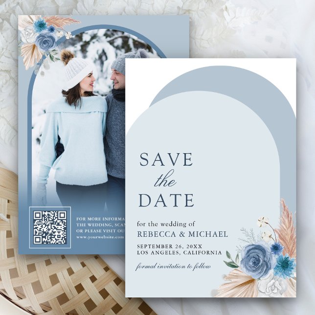 Staubblaue Blumige Boho Pampas Tor Foto QR Code Save The Date (Von Creator hochgeladen)