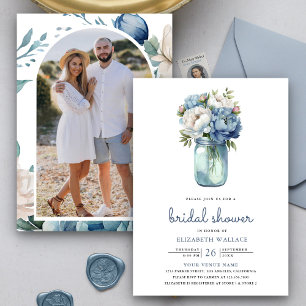 Staubblaue Blumige Glas Photo Brautparty Einladung