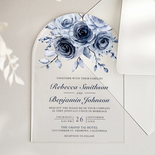 Staubblaue Blumige Hochzeit Acryleinladungen (Von Creator hochgeladen)