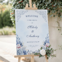 Staubblaue Blumige Hochzeit Willkommensschild