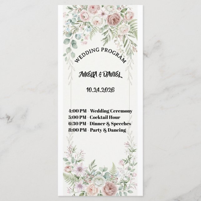 Staubblaue Blumige Hochzeitsprogrammkarte Programm (Vorderseite)