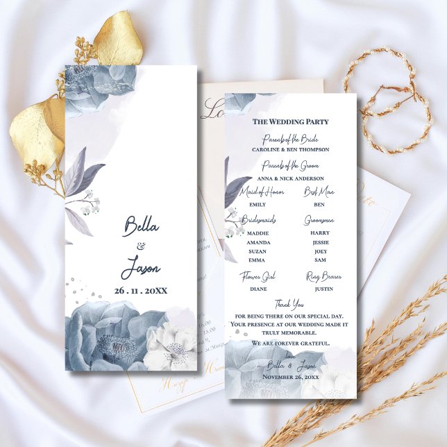 Staubblaue Blumige Hochzeitszeremonie-Programm Einladung (Dusty Blue Romantic Floral Wedding Program | Elegant Ceremony Program Card )