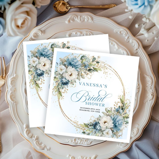 Staubblaue Boho-Blumen Gold-Glitter-Rahmen Serviet Serviette (Dusty blue boho florals gold glitter frame napkins

)