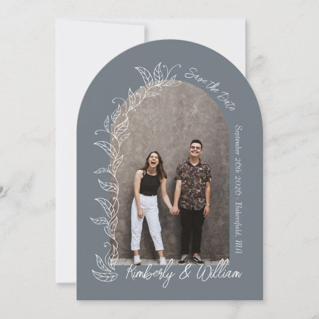 Staubblaue Botanische Blätter Bogen Save-the-Date- Einladung (Vorderseite)