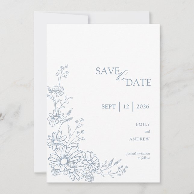 Staubblaue Botanische Daisy-Gartenhochzeit Save The Date (Vorderseite)