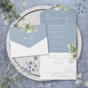 Staubblaue botanische Grünmonogramm-Hochzeit All In One Einladung