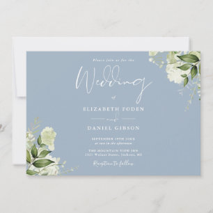 Staubblaue botanische Grünmonogramm-Hochzeit Einladung