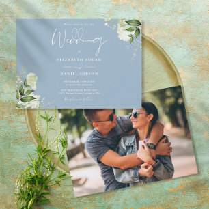 Staubblaue botanische Grünpflanzen-Foto-Hochzeit Einladung
