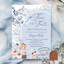 Staubblaue Chinoiserie-Teeparty-Baby-Shower-Einlad