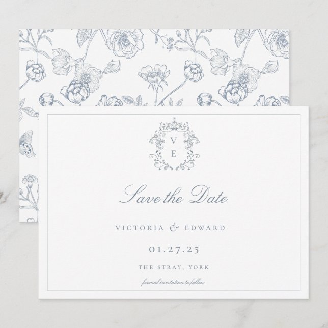 Staubblaue Crest-Monogramm-Hochzeit Save The Date (Vorne/Hinten)