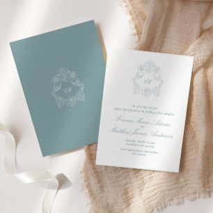 Staubblaue Crest-Monogramm-Sophisticated-Hochzeit Einladung
