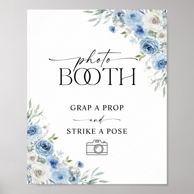 Staubblaue Elfenbein-Blumen-Fotobooth-Schilder Poster (Vorne)
