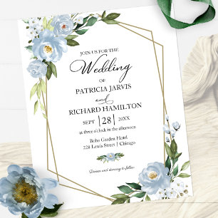 Staubblaue Florale Budget-Hochzeitseinladung