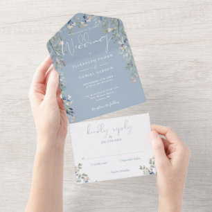 Staubblaue Florale Grüne Schrift Hochzeit All In One Einladung