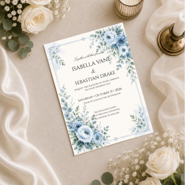 Staubblaue florale Hochzeit Einladung (Von Creator hochgeladen)