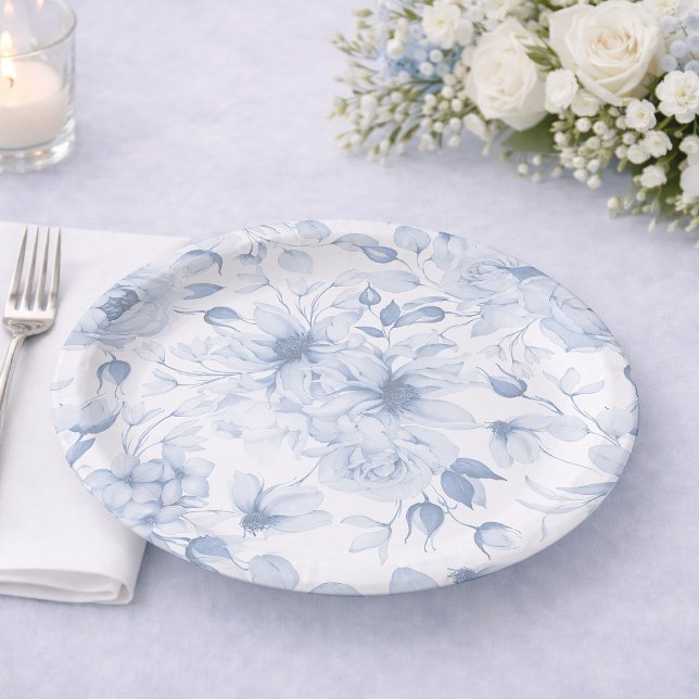 Staubblaue Florale Hochzeit Pappteller (Von Creator hochgeladen)