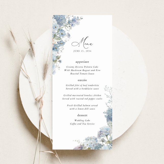 Staubblaue Florale Hochzeitsempfangs-Dinner Menükarte (Dusty blue watercolor wedding menu card, elegant floral reception dinner menu table stationery)