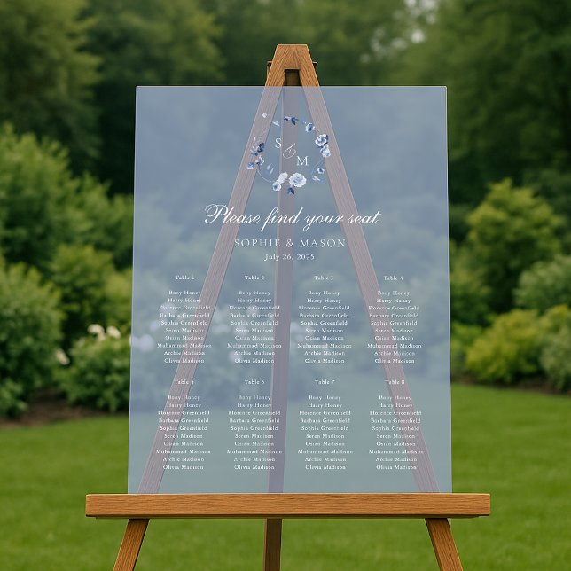 Staubblaue florale Hochzeitssitzordnung Acrylschild (Von Creator hochgeladen)