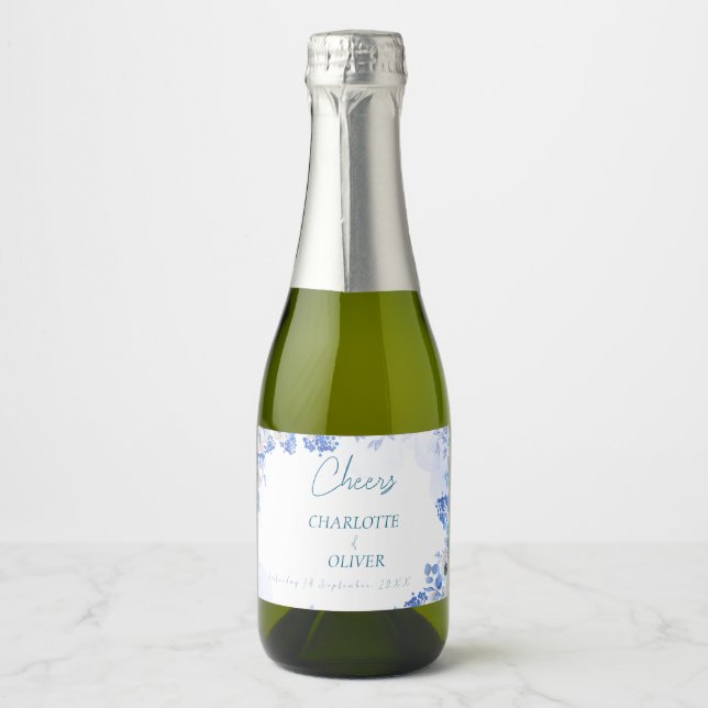 Staubblaue florale Mini-Champagnerflaschen-Etikett (Vorderseite)