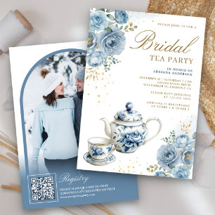 Staubblaue Florale Tea Party QR Code Brautparty Einladung