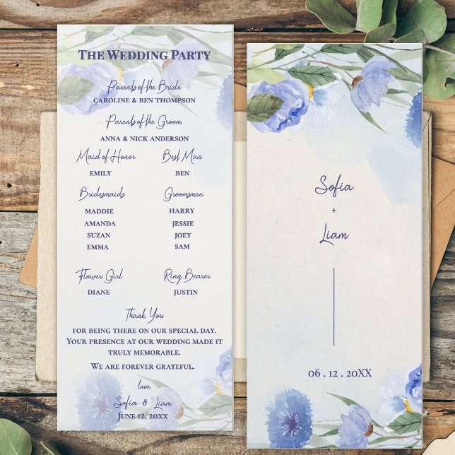 Staubblaue Florale Trauungszeremonie-Programm Einladung (Dusty Blue Watercolor Floral Wedding Program Card | Elegant Blue Botanical Ceremony Order of Events )