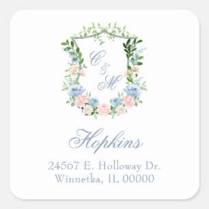 Staubblaue florale Wappen-Hochzeit Quadratischer Aufkleber