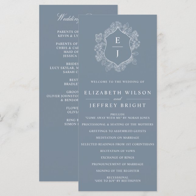 Staubblaue Floralkrone Monogramm Hochzeit Programm (Vorne/Hinten)