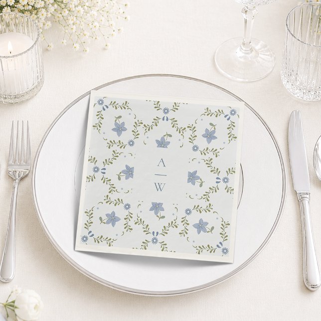 Staubblaue Folk-Monogramm-Hochzeitsservietten  Serviette (Von Creator hochgeladen)
