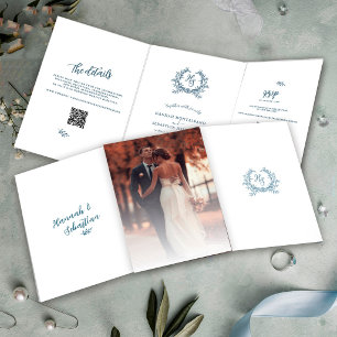 Staubblaue Foto-QR-Code-RSVP-Hochzeitsdetails  Dreifach Gefaltete Karte