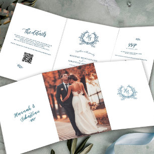 Staubblaue Foto-QR-Code-RSVP-Hochzeitsdetails Dreifach Gefaltete Karte